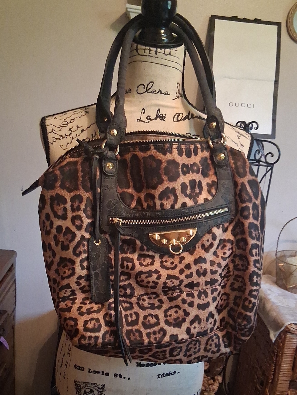PROJECT BAG! SAM EDELMAN Large Leopard Print Tote Bag with Black Trim Gold Studs